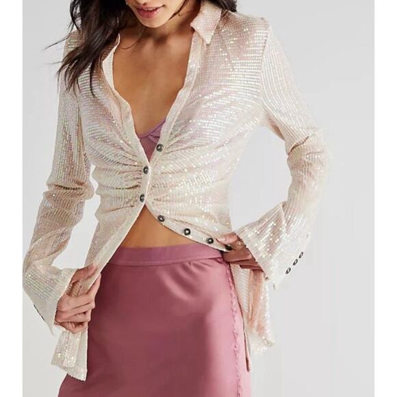 Free People Champagne Dreams Sequin Shirtee Festive Button Down Long Sleeve Top - Picture 1 of 12